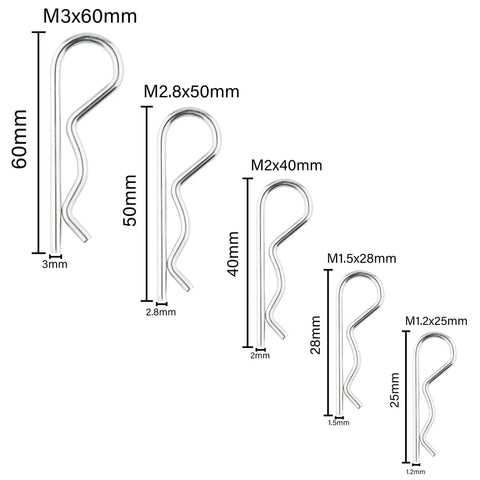 30Pcs Hitch Pin Clips And R Clips Zinc Plated Cotter Pins Kit With 5 Sizes M1.2-M3 displayed in size and shape order