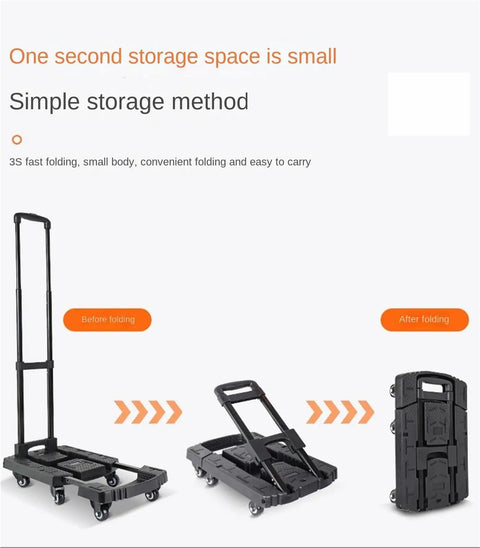 Foldable Moving Trolley For Easy Transport, Retractable Flatbed Sack Truck With 4 Swivel Front Wheels And 2 Fixed, Heavy Duty Utility Cart In Portable Blue, Great For Hauling And Storing At Home, Shop, Or Warehouse, folded compact