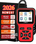Red Garage Grade OBD2 Scanner Diagnostic Tool with screen showing data options, black cable, and packaging box in background