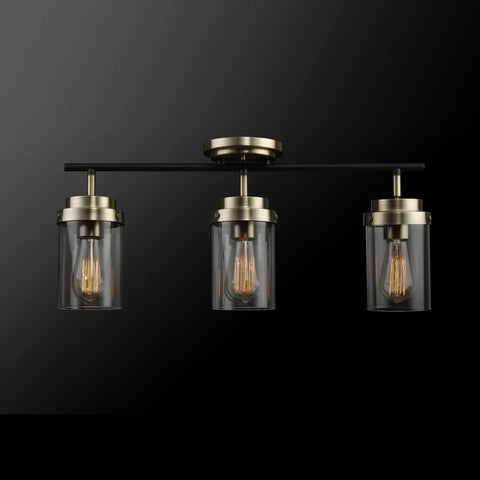 Vintage Vibe Three-Light Track Lighting Bar With Pivoting Heads In Matte Black And Antique Brass Finish, Clear Glass Shades