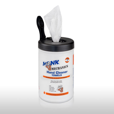 Heavy Duty Mechanics Wipes For The Shop And Garage Large 10x12 Inch Towels For Multi Purpose Surface And Hand Cleaning 6 Canisters Of 72 Count Each Perfect For Removing Paint Oil Grease Dirt And Grime, open container with towel protruding