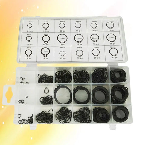 External Snap Ring Assortment Kit With 300 Pieces In 18 Sizes Black Metal Retaining Rings And Handy Storage Case For Industrial And Scientific Projects, open case