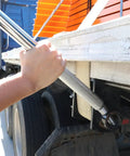 Beefy Chrome Combination Winch Bar With Non Slip Grip For Flatbed Winches And Chain Binders Thirty Four And A Half Inch Leverage Tool With Rounded Head And Square End Heavy Duty Steel For Extra Torque And Easy Load Tightening used on truck flatbed