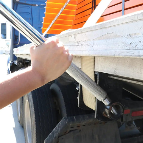Beefy Chrome Combination Winch Bar With Non Slip Grip For Flatbed Winches And Chain Binders Thirty Four And A Half Inch Leverage Tool With Rounded Head And Square End Heavy Duty Steel For Extra Torque And Easy Load Tightening used on truck flatbed