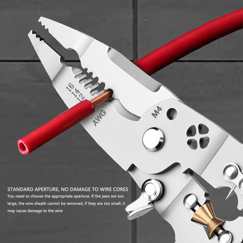 Close-up of Aramox 10-In-1 Folding Wire Stripper Pliers Made Of Crv Steel For Awg 4 To 20, showing wire stripping in action.