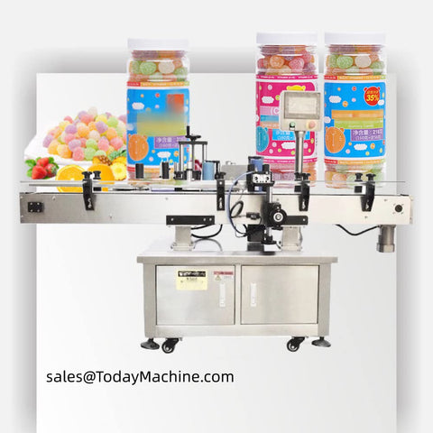 Industrial Grade Heavy Duty Fully Automatic Labeling Machine Designed To Crush High Volume Production Lines With Top Tier Precision Rotary Rod Mechanics And Zero Hassle Packaging Setup with jars of gummy candy.