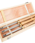 Front view of Viking Mountain Tool Works three-piece carbide-tipped lathe chisel set in a wooden storage box