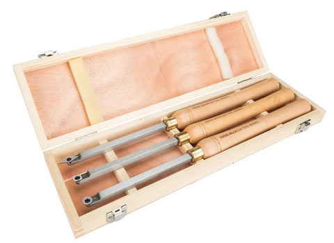 Front view of Viking Mountain Tool Works three-piece carbide-tipped lathe chisel set in a wooden storage box