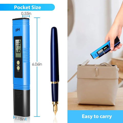 Pocket Size PH Meter With 0.01 Accuracy 0 To 14 PH Range Digital PH Tester next to pen, shown being placed in a handbag.