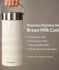 Insulated Stainless Steel Breast Milk Cooler With Cool Gel Ring Keeps Your Milk Ice Cold On The Go For Busy Mamas Who Hate Spills And Lukewarm Bottles, holding 22oz with a stainless steel body.