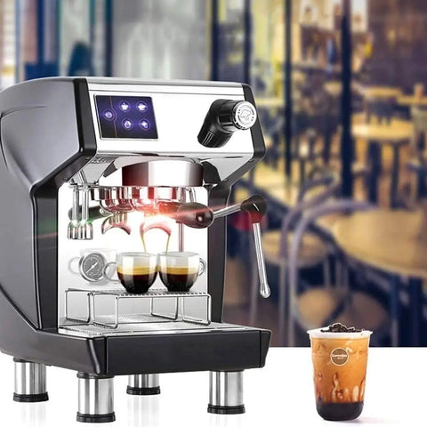 Game Changer On The Counter With This Silver Espresso Coffee Machine Pushing bold shots into double cups.