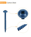 Close-up of carbon steel 8x2 pocket hole screws with square drive, blue coated for woodworking, heavy duty use.