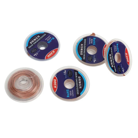 Pro Grade Desoldering Wick Copper Solder Removal Tool 5 Pack shown with spools detailing sizes and labels for precise PCB repair.