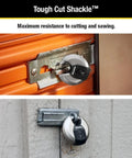 70mm Disc Padlock With Tough Cut Octagonal Boron Carbide Shackle securing an orange storage unit and a wooden shed door