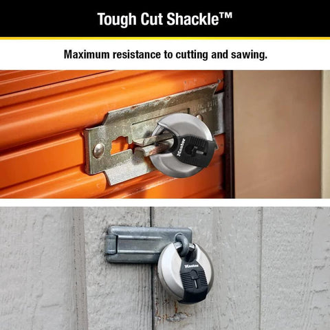 70mm Disc Padlock With Tough Cut Octagonal Boron Carbide Shackle securing an orange storage unit and a wooden shed door