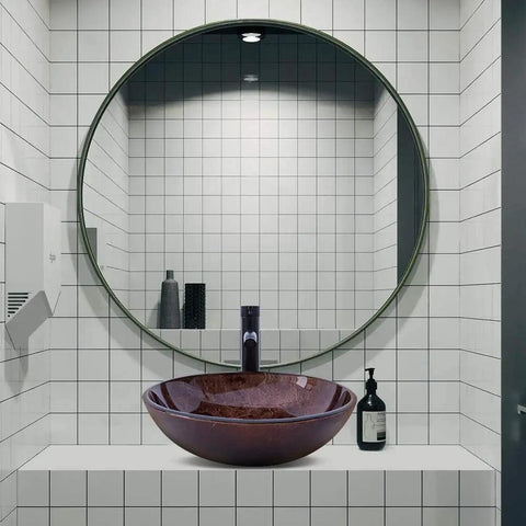 Sixteen Point Five Inch Dope Tempered Glass Brown Vessel Sink With Solid Brass Faucet Combo For Bathroom Vanity Countertop Lavatory Round Art Bowl Durable Glass Basin Splashproof And Easy Install, showcased in a modern bathroom setting.
