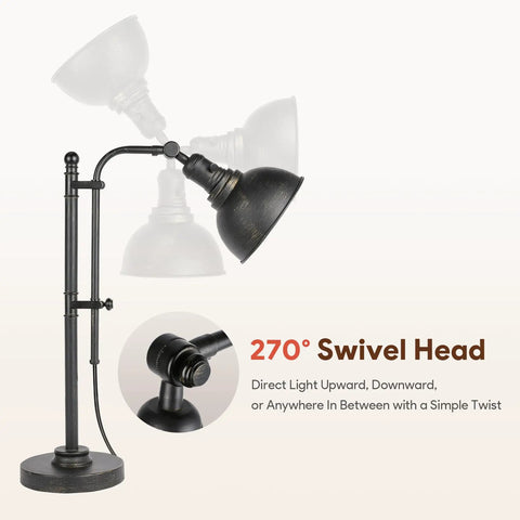 Rustic Bronze Adjustable Desk Lamp With Industrial Metal Task Lighting, 25 To 29 Inch Reach, vintage style, swivel head detail