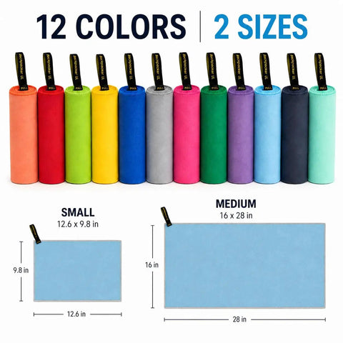 Ultralight Backpacking Quick Dry Microfiber Towel For Camping And Hiking available in 12 colors, showing small and medium sizes