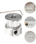 Upgrade Your 3D Printer With This Sweet Kit Of Six Gt2 Timing Belt Pulleys Featuring A Solid Aluminum Build And 20 Teeth Designed To Stop Slipping And Boost Power Transfer For Super Smooth Printing Plus Comes With A Hex Wrench For Easy Install, silver pulley with hex wrench