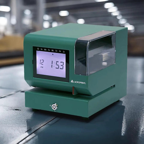 Heavy Duty Digital Time Recorder Featuring Solid Steel Construction And Bright Backlit Lcd Display Designed For The Daily Grind And Rugged Work Floors close-up view on work surface.