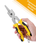 8-Inch MIG Welding Pliers With Retention Chain And Ergonomic Handle, held in hand, yellow and black handle grip visible.