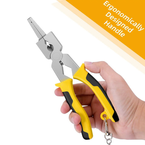 8-Inch MIG Welding Pliers With Retention Chain And Ergonomic Handle, held in hand, yellow and black handle grip visible.