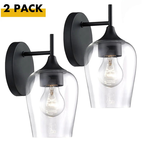 Two Pack Farmhouse Wall Sconces Hardwired Indoor Wall Lamps With Clear Champagne Glass Shades, set of two, black mount, E26 socket.