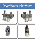 Steam Dryer Water Inlet Valve AJU73432602 2660133 Replacement for LG Dryers, gray plastic dual-solenoid part shown from four angles