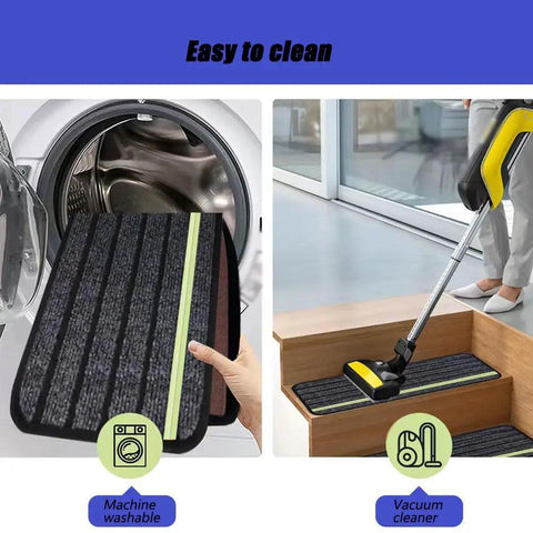 Tab 400 RV Step Covers Rug Treads Grippy Anti Slip Dustproof Mats For 2018-2026 Models shown being machine washed and vacuumed