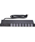 8-Outlet 1U Switched Rack Mount PDU With Individual On Off Outlets 125V 15A NEMA 5-15R 8-Foot Power Cord TAA Compliant Ideal For Server Rooms And Small Data Centers front view with cord