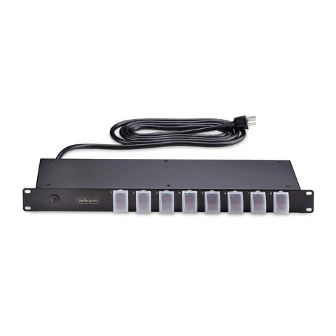 8-Outlet 1U Switched Rack Mount PDU With Individual On Off Outlets 125V 15A NEMA 5-15R 8-Foot Power Cord TAA Compliant Ideal For Server Rooms And Small Data Centers front view with cord