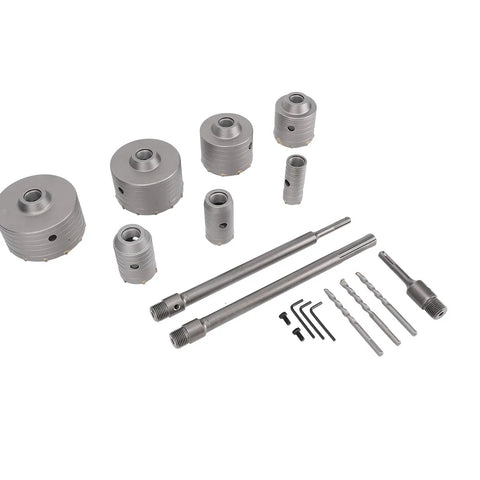 Get This Rock Solid Aramox Hole Saw Kit For Concrete Jobs With Seven Tungsten Steel Sizes From 30 Mm To 110 Mm And An Sds Plus Shank Making Masonry Tasks Way Easier And Faster For Your Next Big Build Or Repair Job At Home. concrete hole saw kit with SDS Plus shanks and drill bits