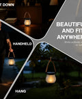 Different uses of Solar Lantern Outdoor Lights With Realistic Dancing Flame Effect For Camping And Patio Use, handheld and hanging.