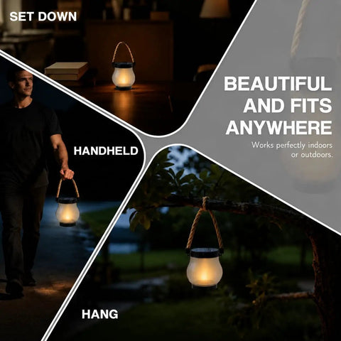 Different uses of Solar Lantern Outdoor Lights With Realistic Dancing Flame Effect For Camping And Patio Use, handheld and hanging.