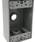 Weatherproof 1 Gang Exterior In Use Outlet Cover And Box Kit With Lockable Extra Duty Metallic Box For Outdoor Use Horizontal Or Vertical Install Includes Gasket Mounting Hardware Closure Plugs Self Threading Ground Screws Bubble Cover, showing the metallic box of the kit.