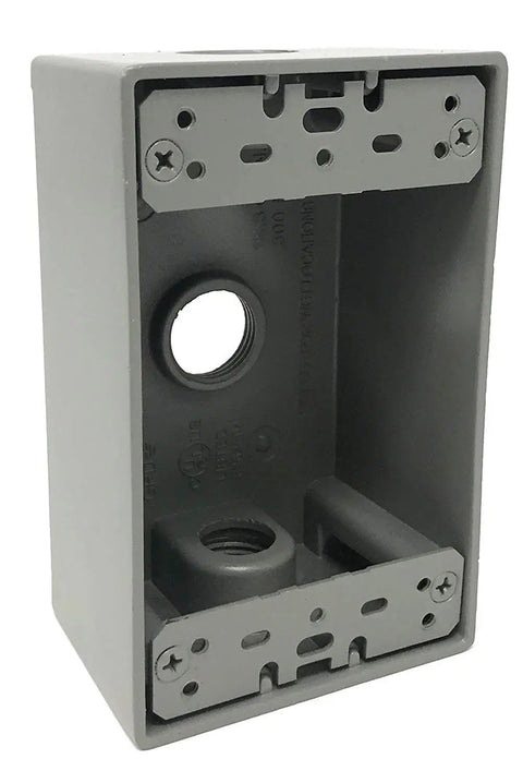 Weatherproof 1 Gang Exterior In Use Outlet Cover And Box Kit With Lockable Extra Duty Metallic Box For Outdoor Use Horizontal Or Vertical Install Includes Gasket Mounting Hardware Closure Plugs Self Threading Ground Screws Bubble Cover, showing the metallic box of the kit.