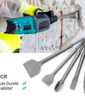 5 Piece Wood Chisel Set For SDS Plus Bits Pro Grade Tool Kit with hammer drill, chiseling brick wall, focus on tool and chisels