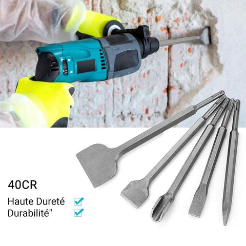 5 Piece Wood Chisel Set For SDS Plus Bits Pro Grade Tool Kit with hammer drill, chiseling brick wall, focus on tool and chisels