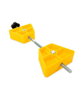 Yellow RV Wheel Stop For Trailers Lightweight Heavy Duty Tire Stabilizer With Rubber Handle visible on white background.