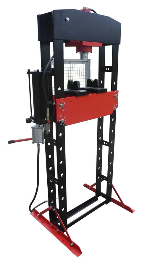 Heavy Duty 30 Ton Air Hydraulic Shop Press With Rock Solid Adjustable Carriage and No Sweat Pressure Dial for U Joint Service.