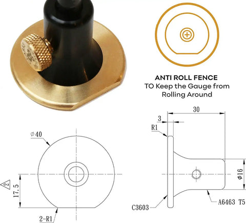 Pro Grade Wheel Marking Gauge With Replacement Cutters showing anti-roll fence and schematic design details, Woodworking Marking Scriber Kit.