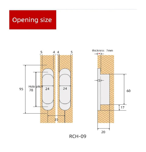 Technical diagram showing dimensions for Two Pack Adjustable Flush Wood Door Hidden Concealed Hinges, 95 X 23 mm Invisible Entry Door Hinge Set