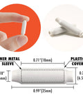 Dimensions and close-up of 100 Pcs Low Voltage B Connectors Crimp Splice Terminals For AWG 22 26 Dry Bean Style Butt Indoor Use