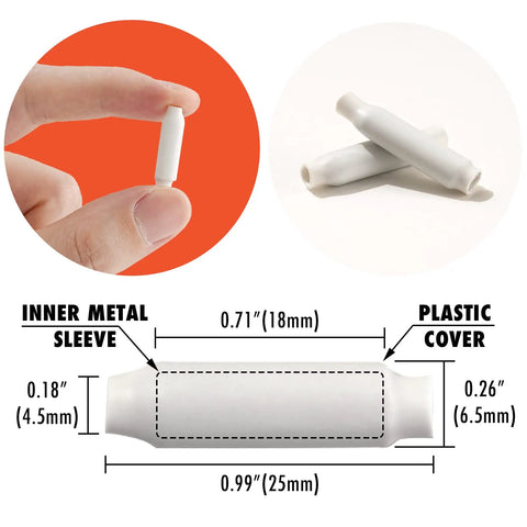 Dimensions and close-up of 100 Pcs Low Voltage B Connectors Crimp Splice Terminals For AWG 22 26 Dry Bean Style Butt Indoor Use