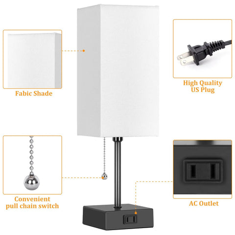 Set Of 2 Minimalist Table Lamps With AC Outlets For Bedroom, Cozy Night Light Vibe With 2700K 4000K 5000K Color Temperatures, fabric shade and plug details