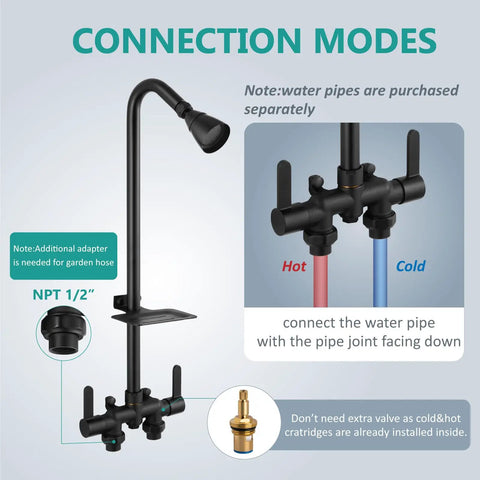 Outdoor Shower Kit With 3 Inch Center Faucet System, Exposed Shower With Two Handles, Matte Black, Connection Modes Guide