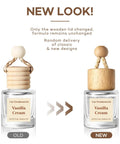 Premium Hanging Car Air Freshener Diffuser Set, Two Pack Vanilla Cream Oil Dispenser With Wood Cap And Glass Bottle, showcasing old and new designs.
