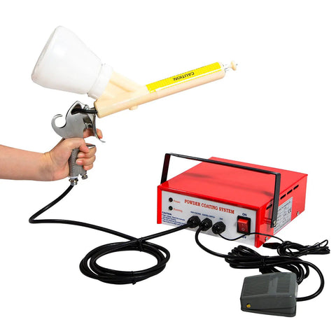 Person holding Portable Powder Coating System Paint Gun With Foot Switch PC03 5 Electrostatic Kit Red 110V CE Certified