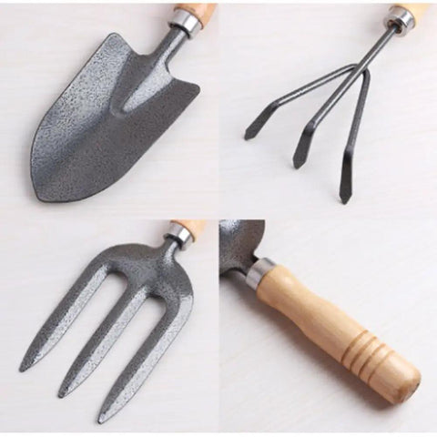 Three Kinds Of Gardening Tools Set Featuring Hooked Mattock Hand Shovel And Trident For Everyday Garden Work And Shoreline Shell Collecting On Tide Flats Built With Iron Heads And Wooden Handles In A Durable Black Finish.