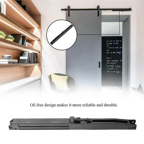 Two Pack Barn Door Soft Close Kit Hole Free Version Sliding Hardware in a sleek modern room with visible door and damper